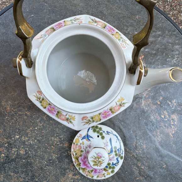 Vtg Homco Japanese Porcelain Tea Pot Hexagonal Kutani Bird Brass Handle 6" Asian - Picture 11 of 16